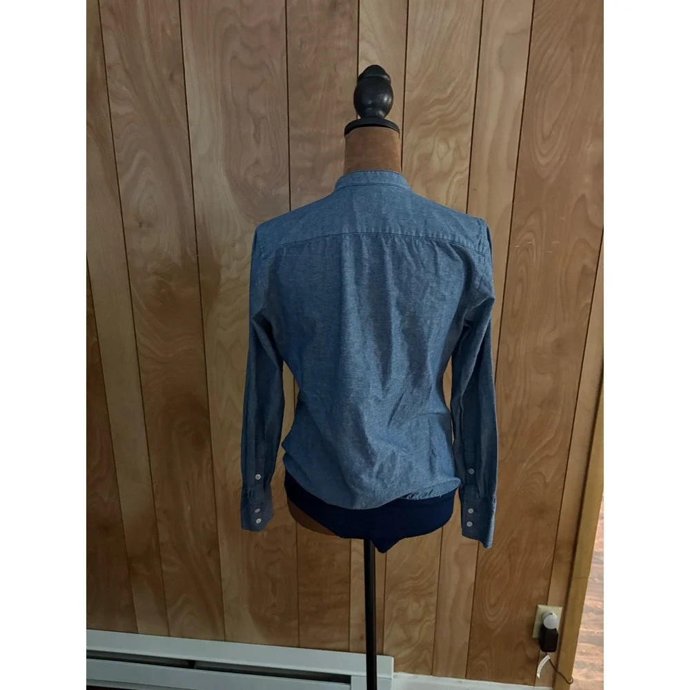 J. Crew Denim Bodysuit Womens 0 Blue Chambray Band Collar Long‎ Sleeve